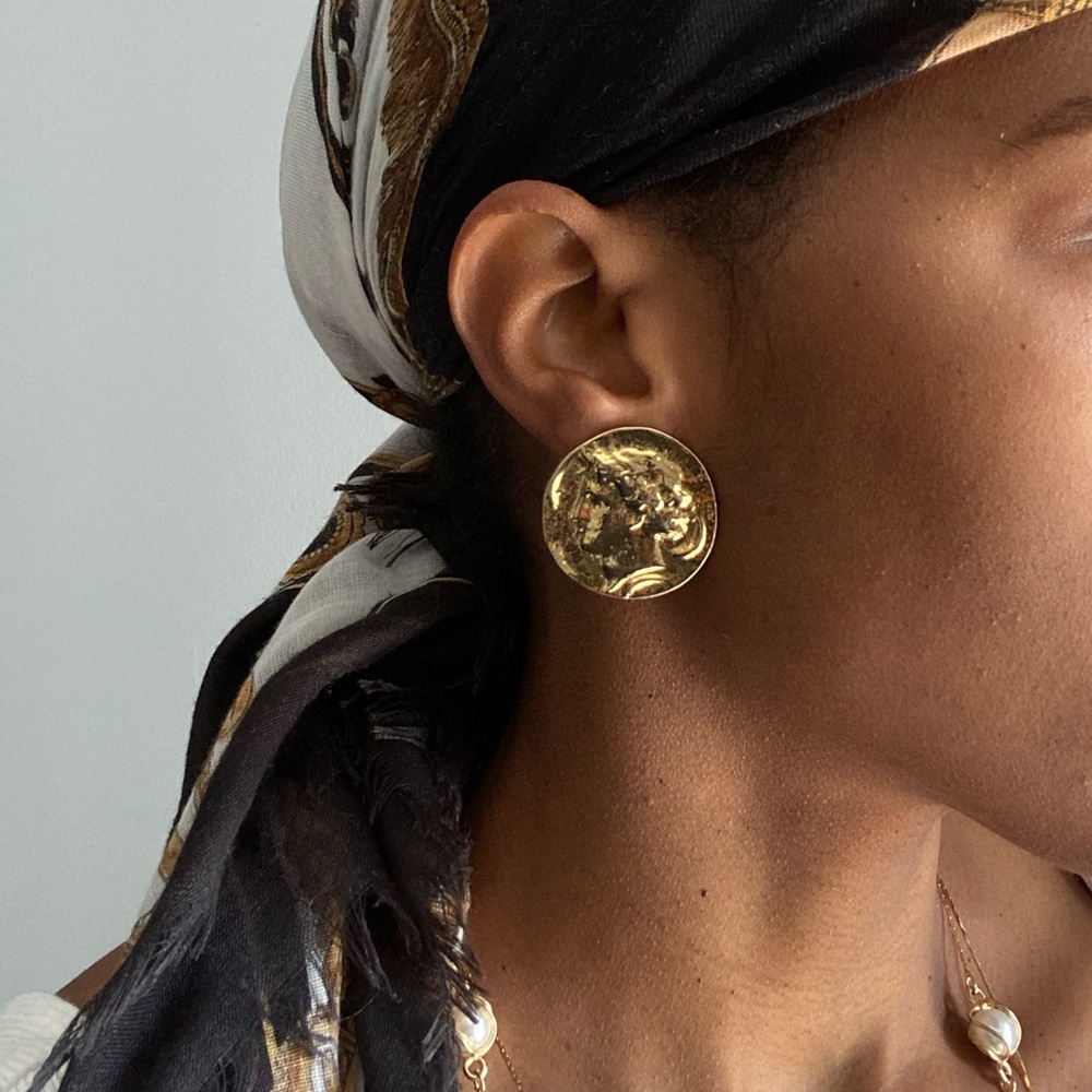 Aurum Clad Ancient Greek Gold Vintage Statement Clip On Earrings